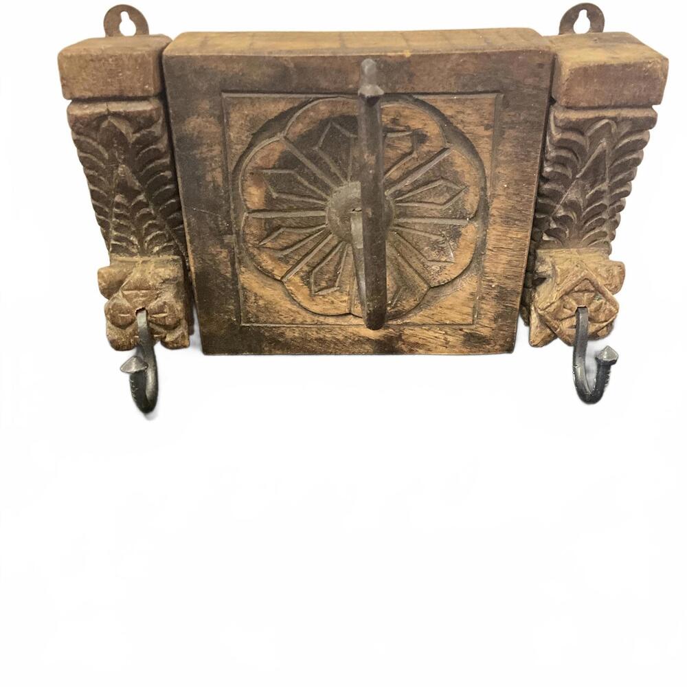 Wooden Hand Carved Dark Wood Floral Hanger Hook Wall Hanging Ancient Hook 3 PC